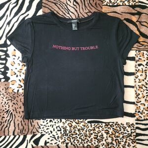 Y2K Forever 21 Black Crop Top with Red "Nothing But Trouble" Text Size Large